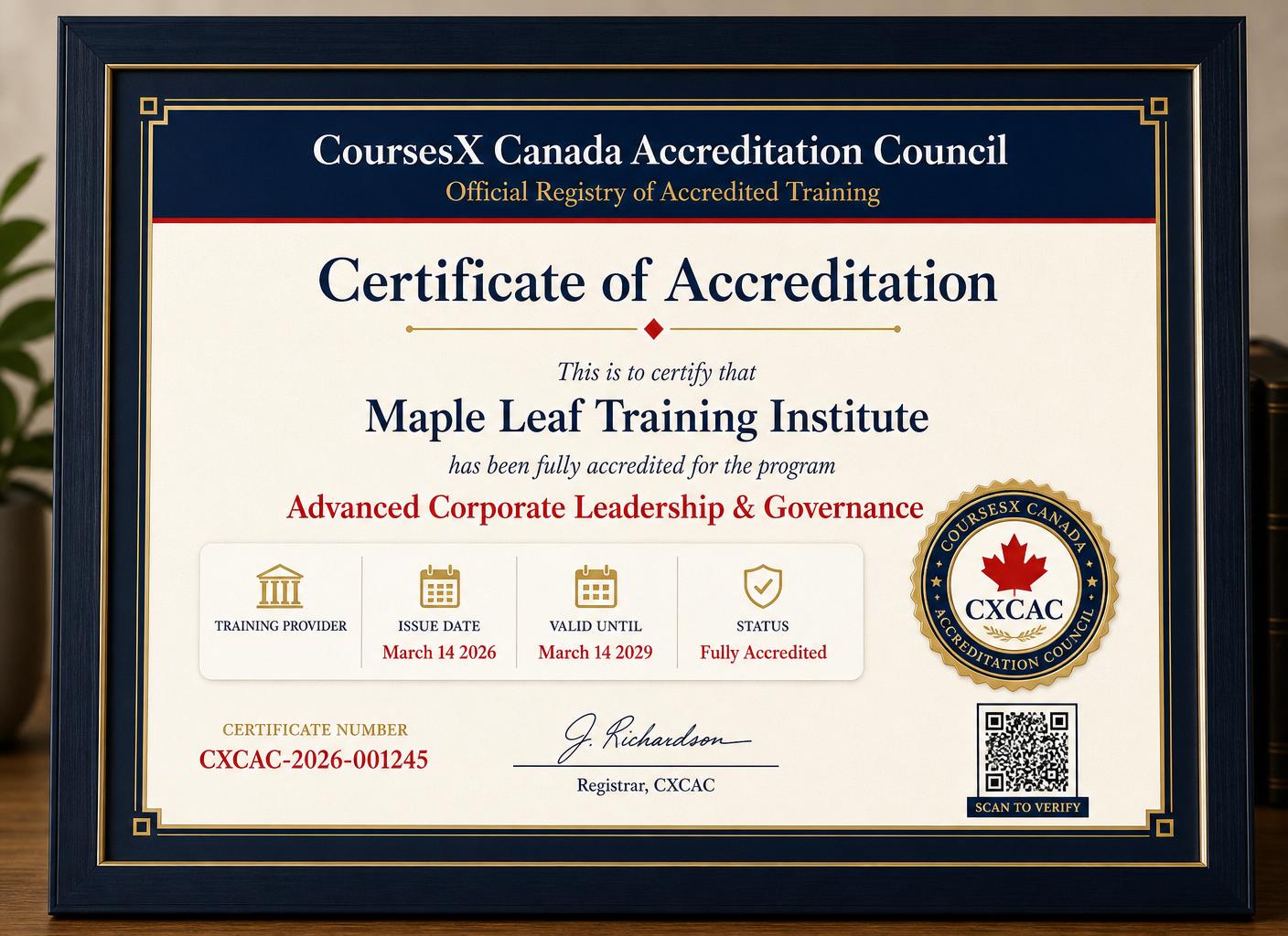 Framed CXCAC accreditation certificate with gold seal and Canadian flag