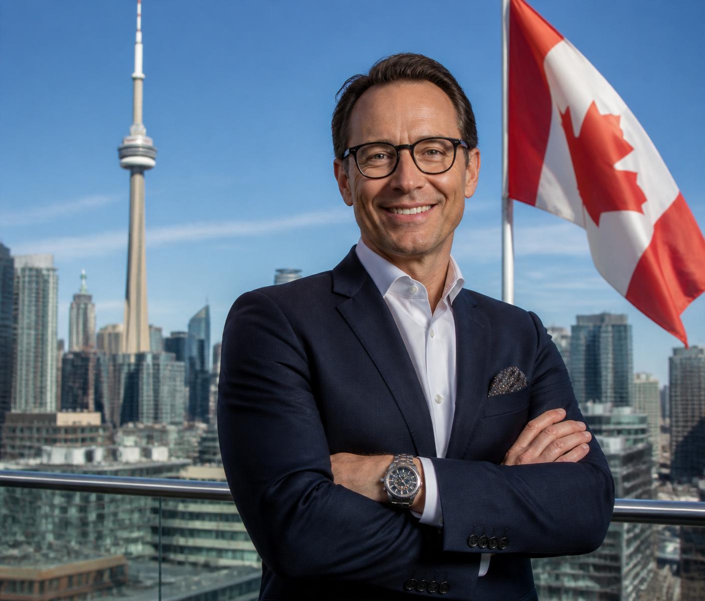 CXCAC executive in front of Toronto skyline with Canadian flag